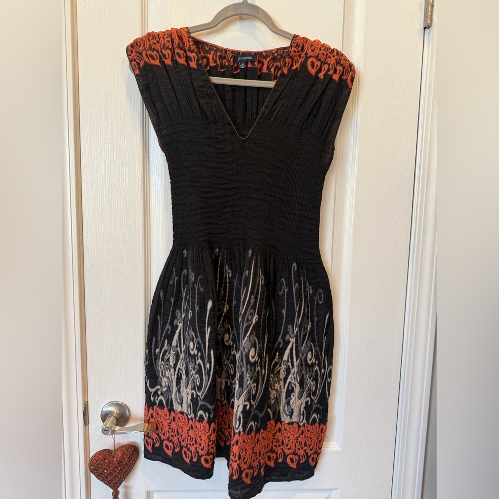 Black Orange Ruched Fit & Flare Dress V Neck Mini Party Dress M - Picture 2 of 4